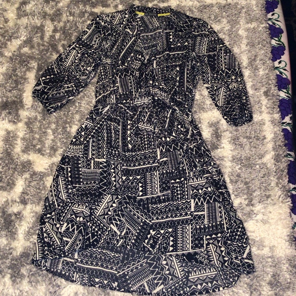 BeBop Faux wrap asymmetric Geometric printed dress